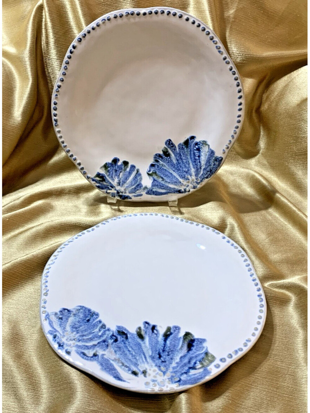 NWT Anthropologie GINNY 11" Dinner Plates 2pc Hand-Painted w Blue Beaded Border